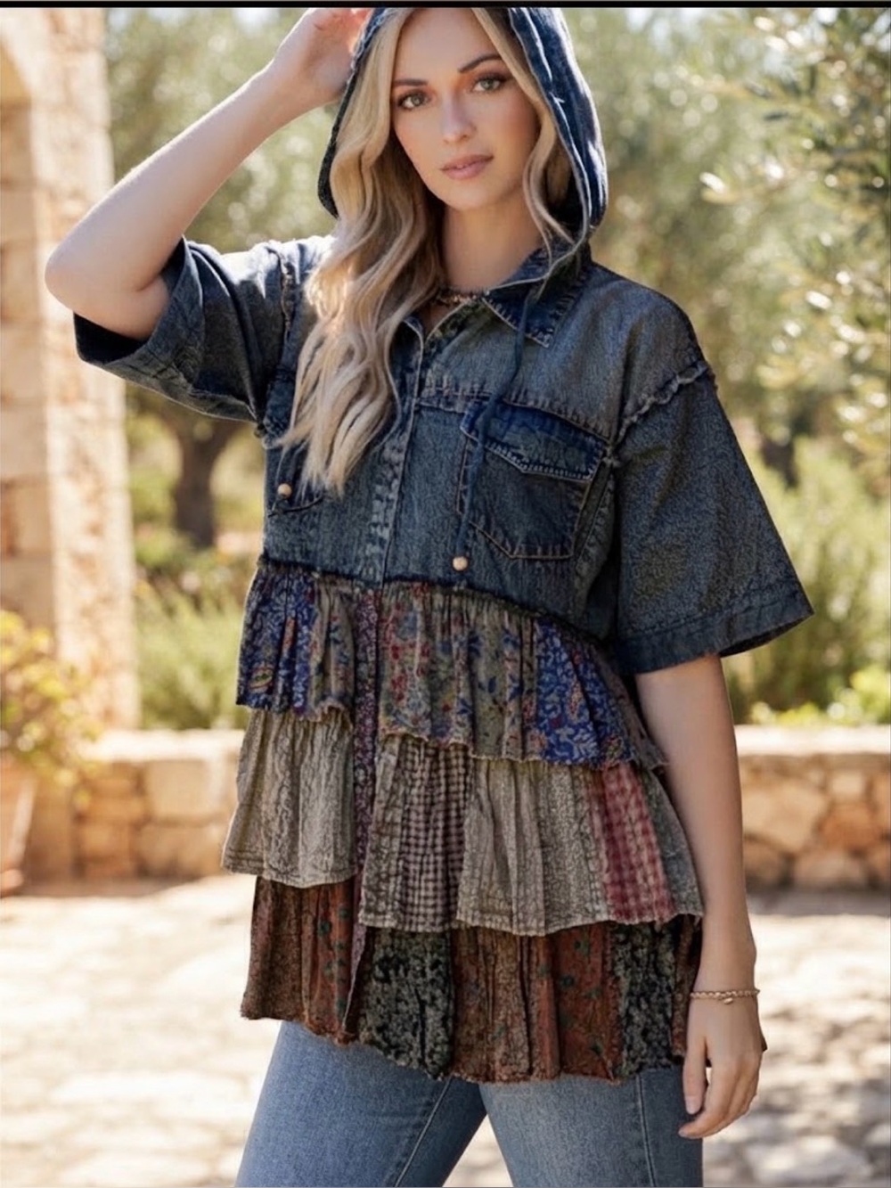 Young Threads NWT Denim Hooded Boho  Shirt with Mixed Patchwork Ruffles Size L